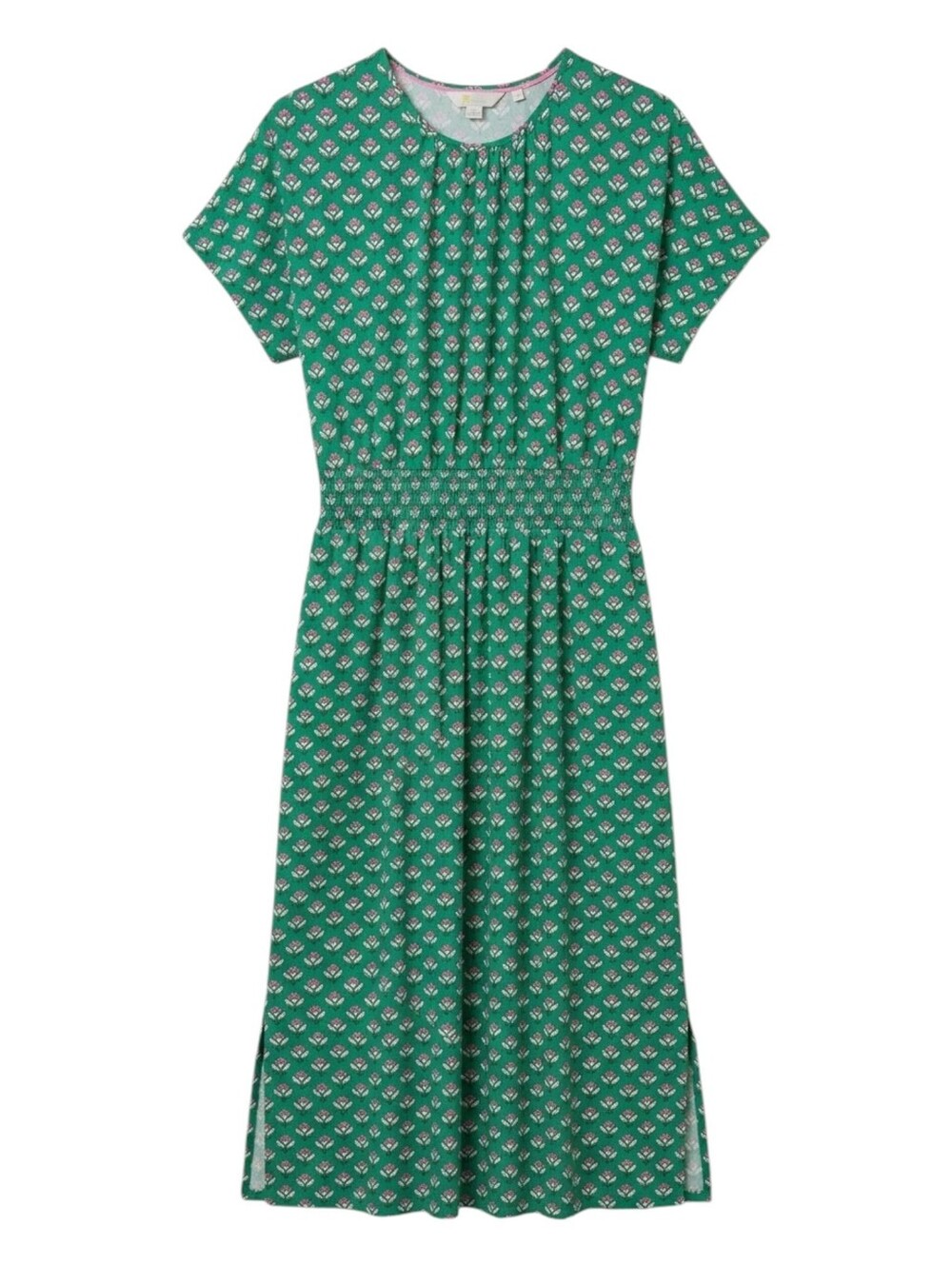 Boden Green Pink Short Sleeve Dress Shirred Smocked Flowers Medium Petite 8 8P